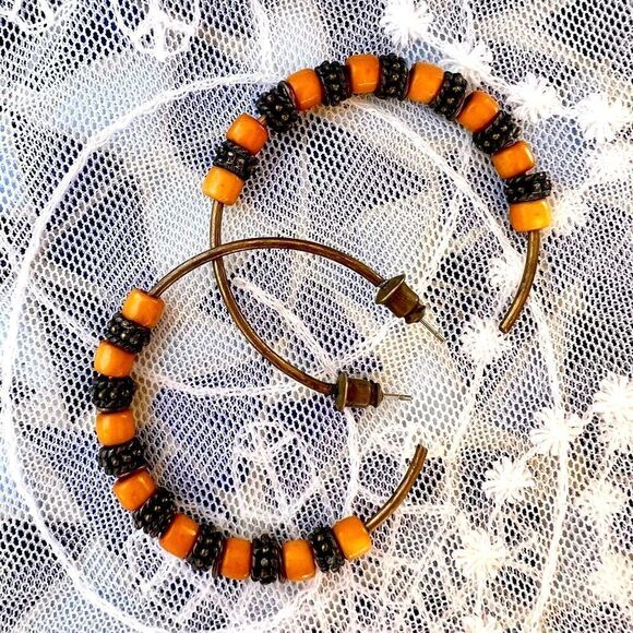 Vintage Retro Brass & Autumn Gold Acrylic Hoop Earrings - Picture 2 of 6